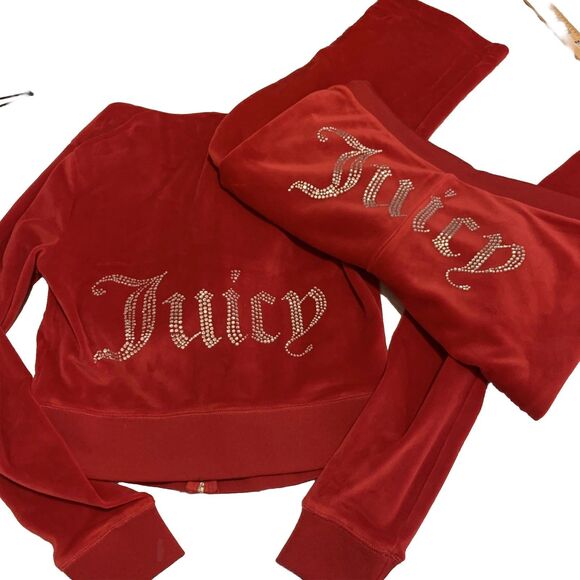 Juicy Couture Velour Y2K Tracksuit Set S Mcbling Red Spell Out Booty Rhinestones - Picture 1 of 16